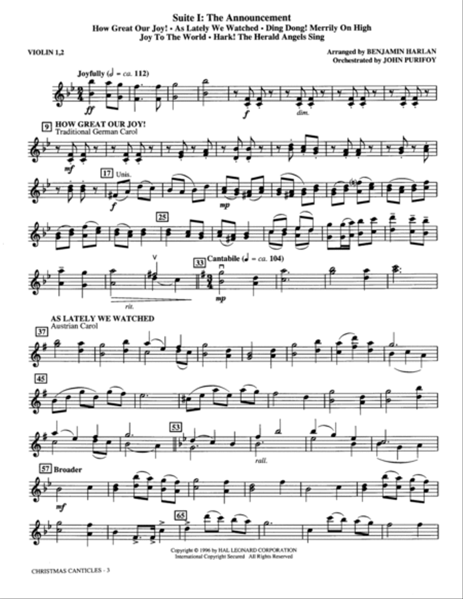 Christmas Canticles: A Cantata of Carols in Four Suites (Full Orchestra) - Violin 1, 2 Choir scores gallery preview page 3
