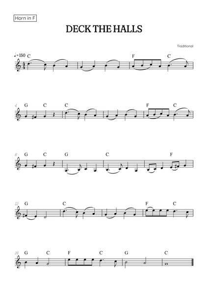 Deck the Halls for french horn • easy Christmas song sheet music with chords image number null
