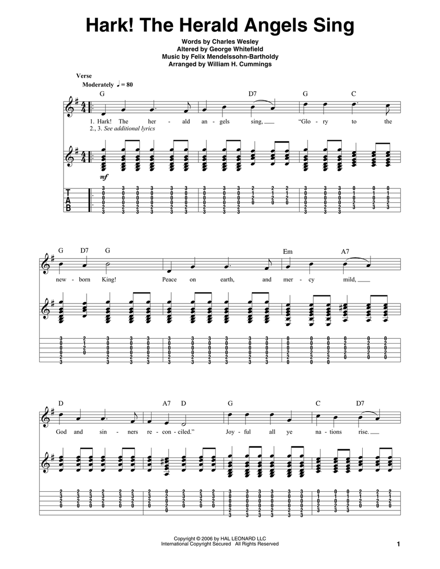 Hark! The Herald Angels Sing Guitar Tablature scores gallery preview page 1
