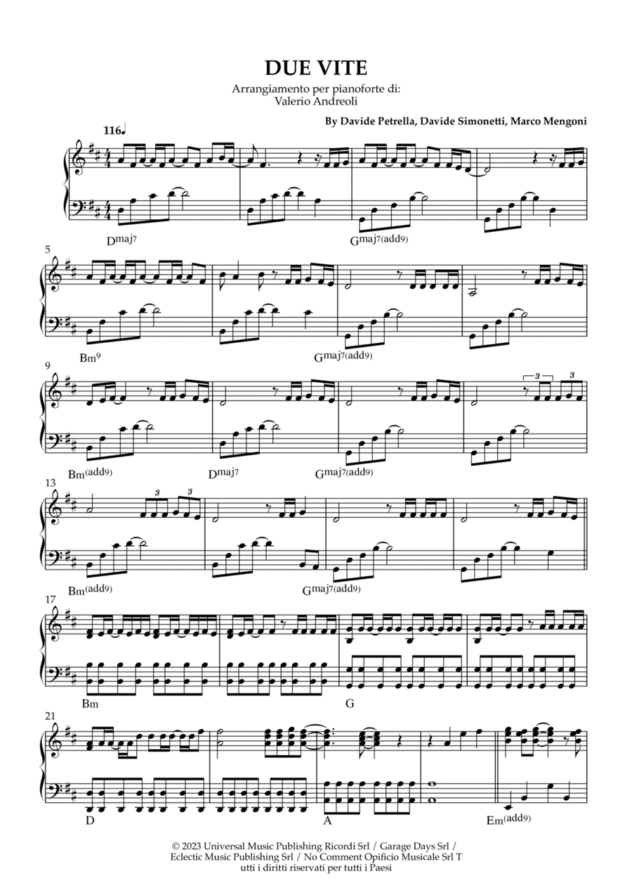 Due Vite Piano Solo scores gallery preview page 1