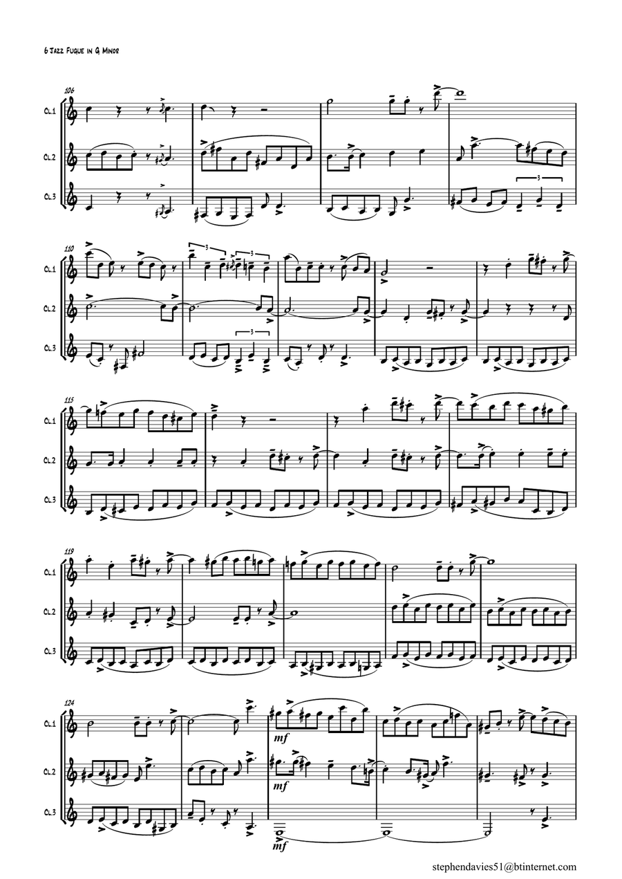 'Jazz Fugue in G Minor', based on the 'Fantasia & Fugue in G Minor' BWV542 by J.S.Bach for Clarinet Woodwind Trio scores gallery preview page 6