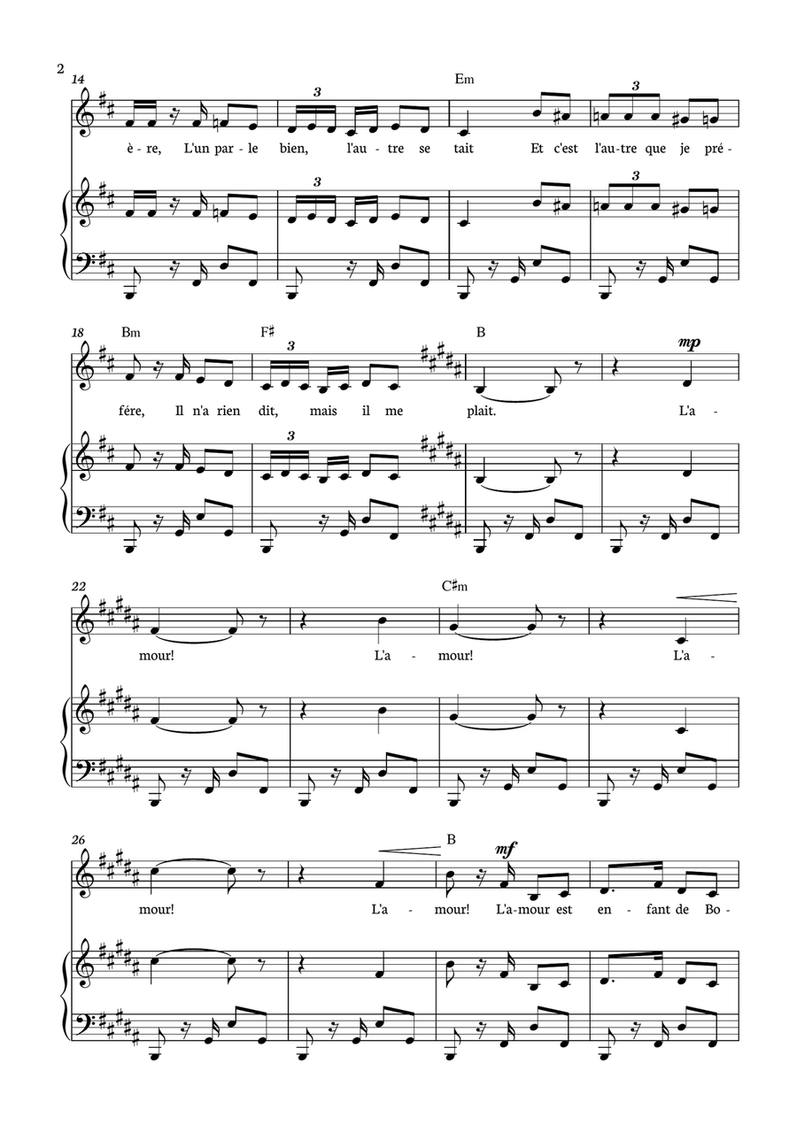 Habanera - Carmen for piano, chords and voice in B minor. Piano, Vocal scores gallery preview page 2