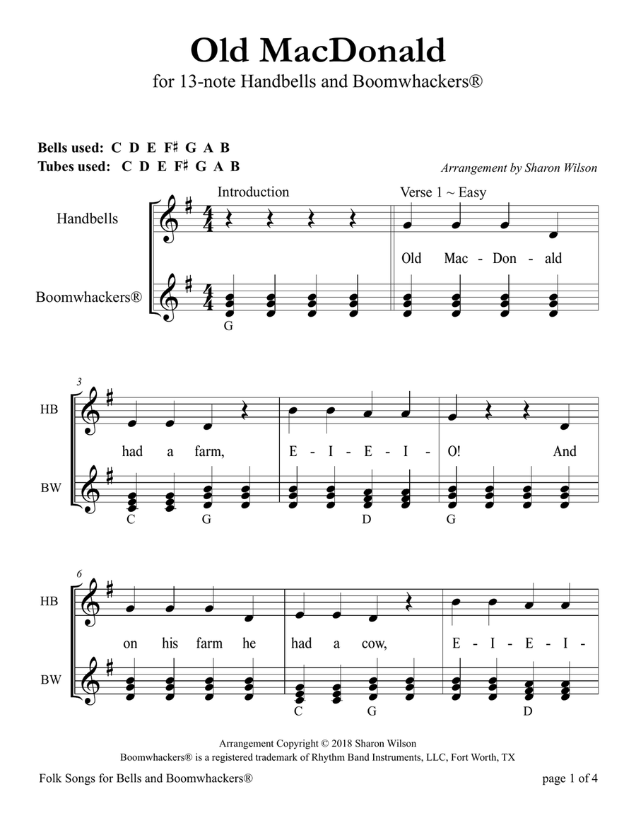 Old MacDonald Had a Farm (for 13-note Bells and Boomwhackers with Black and White Notes) Handbell Choir scores gallery preview page 5