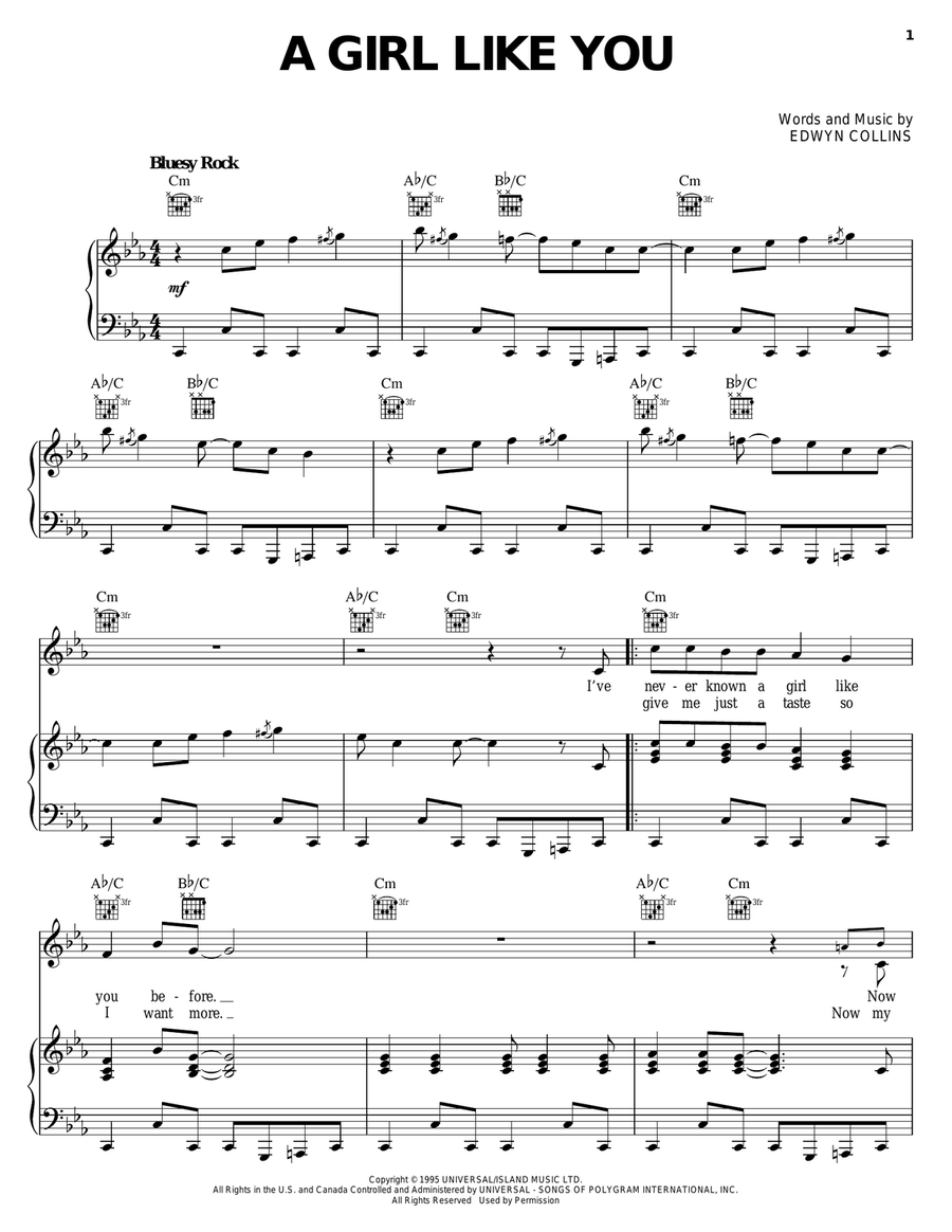 A Girl Like You A Girl Like You Piano, Vocal, Guitar scores gallery preview page 1