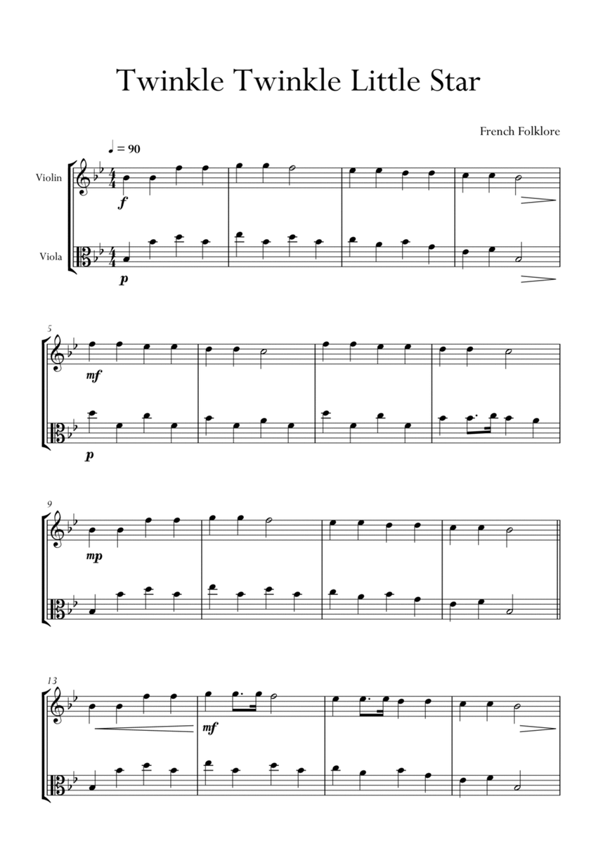 Twinkle Twinkle Little Star in Bb Major for Violin and Viola Duo. Easy. image number null