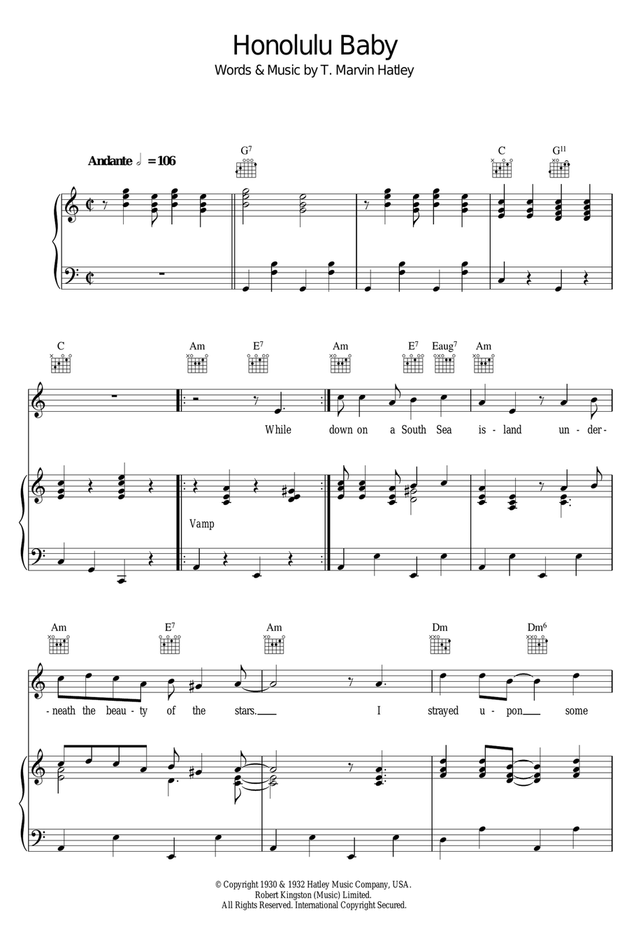 Honolulu Baby Honolulu Baby Piano, Vocal scores gallery preview page 1