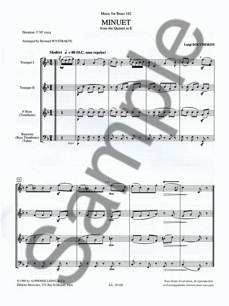 Boccherini Luigi Wystraete Minuet Brass Quartet Score/parts Mfb182