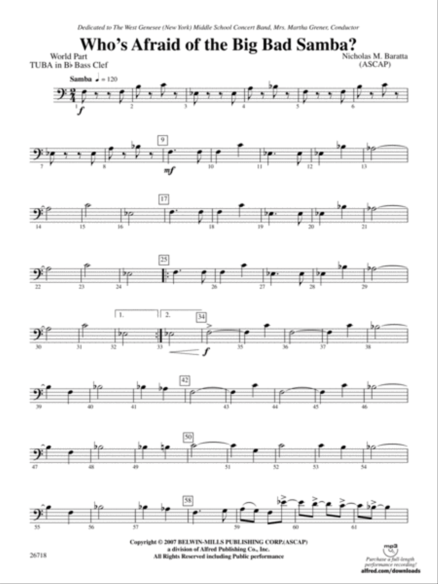 Who's Afraid of the Big Bad Samba?: (World Part) B-flat Tuba B.C. Concert Band scores gallery preview page 1