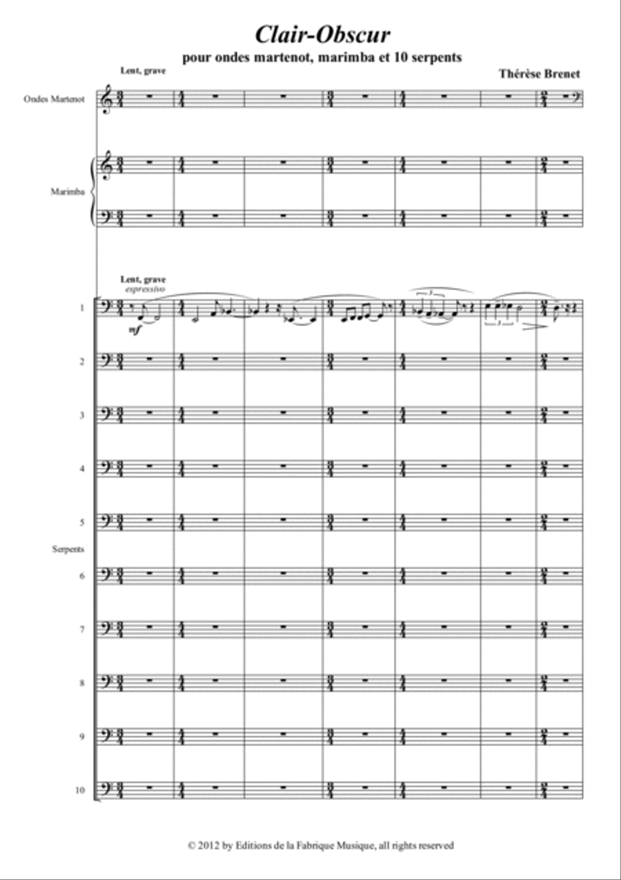 Thérèse Brenet: Clair-Obscur for ondes martenot, marimba and ten serpents Small Ensemble scores gallery preview page 2