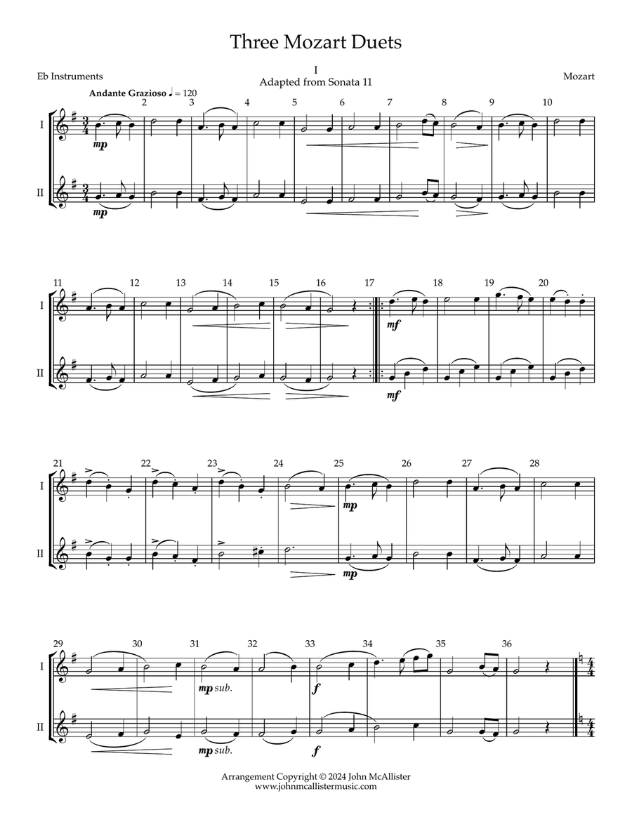 Three Mozart Duets - Eb Transposition Baritone Saxophone scores gallery preview page 2