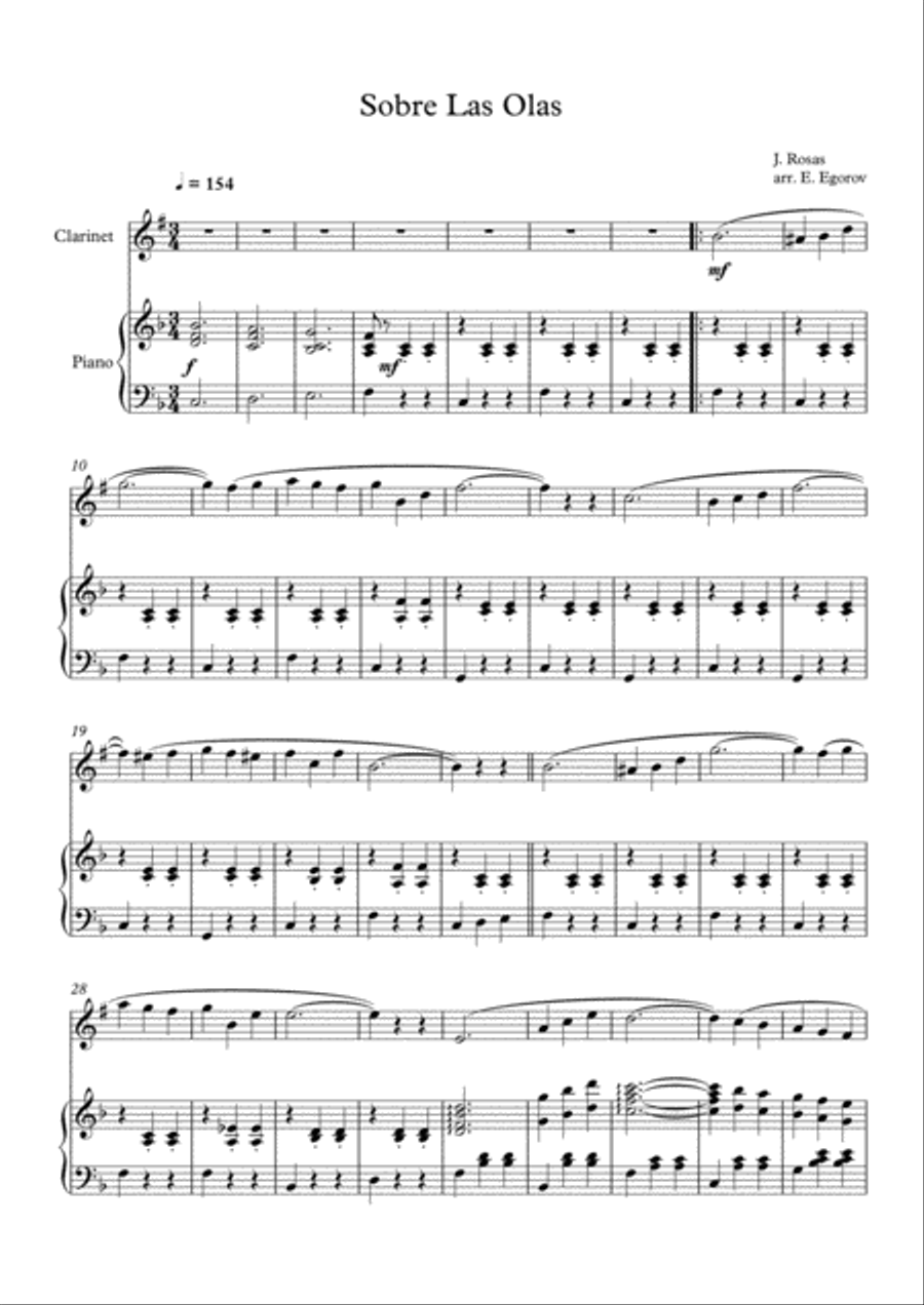Sobre Las Olas (Over The Waves), Juventino Rosas, For Clarinet & Piano image number null