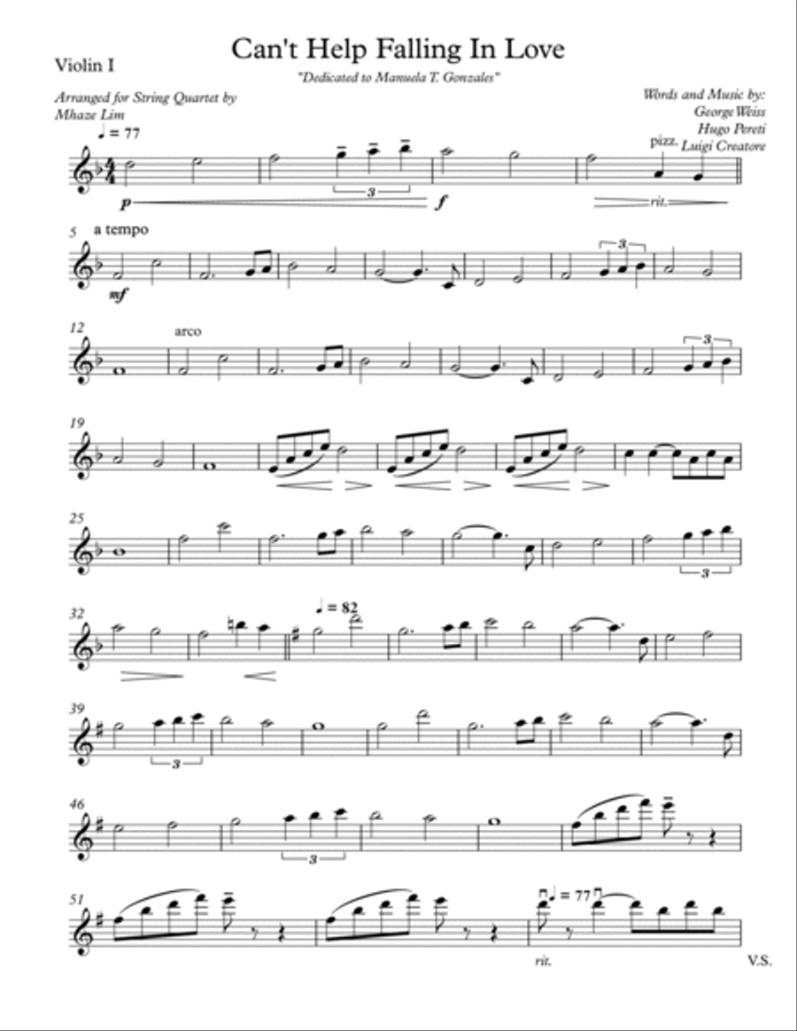 Can't Help Falling In Love String Quartet scores gallery preview page 6