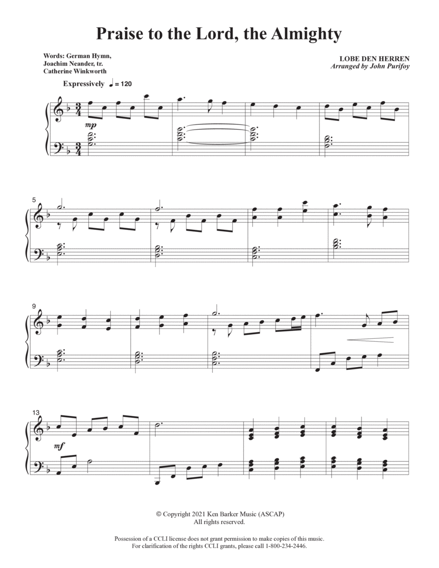 Praise to the Lord, the Almighty Piano Solo scores gallery preview page 1