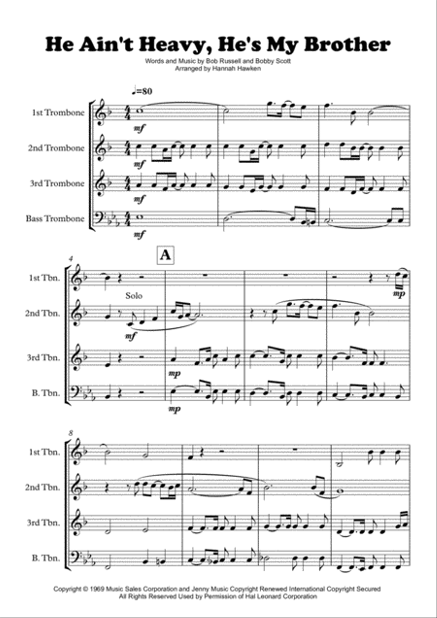He Ain't Heavy, He's My Brother Brass Quartet scores gallery preview page 1