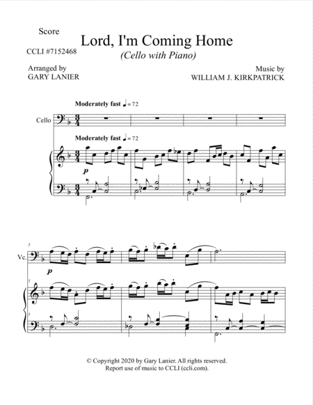 LORD, I'M COMING HOME (for Cello and Piano with Score/Part) image number null