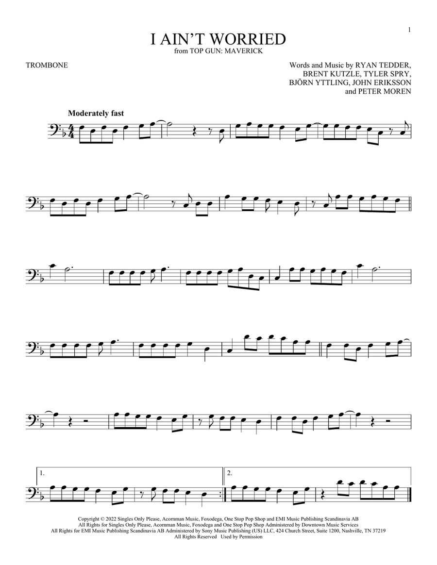 I Ain't Worried (from Top Gun: Maverick) Trombone Solo scores gallery preview page 1