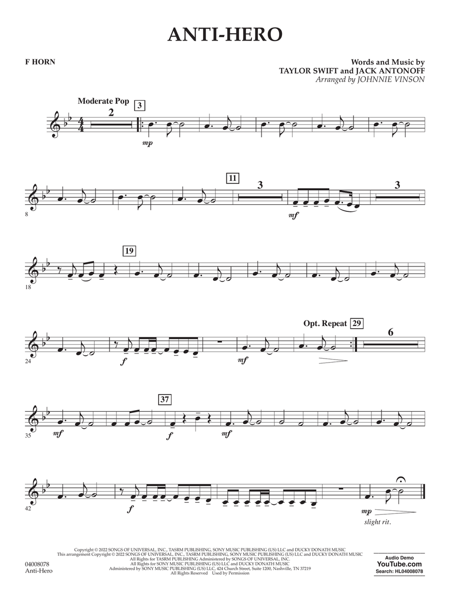 Anti-Hero (arr. Johnnie Vinson) - F Horn Concert Band scores gallery preview page 1