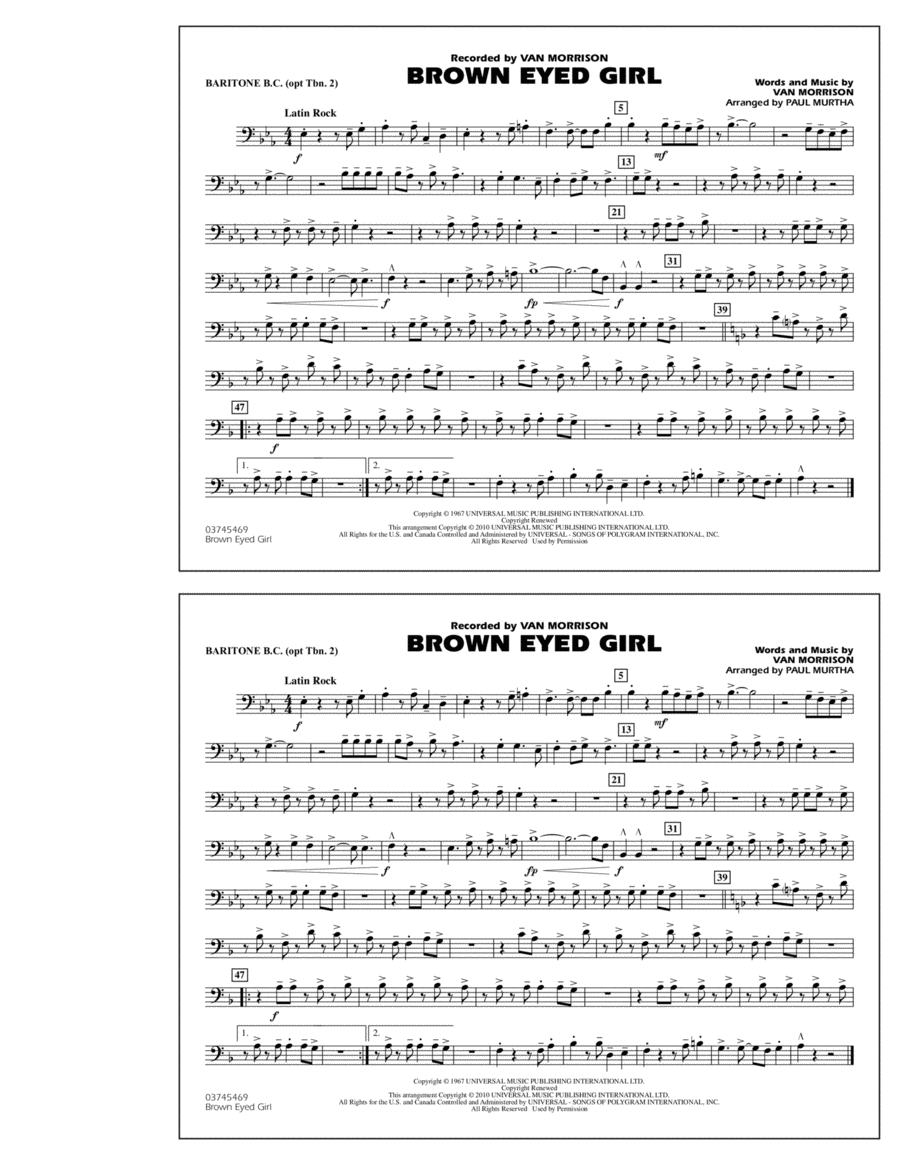 Brown Eyed Girl - Baritone B.C. (Opt. Tbn. 2) Marching Band scores gallery preview page 1