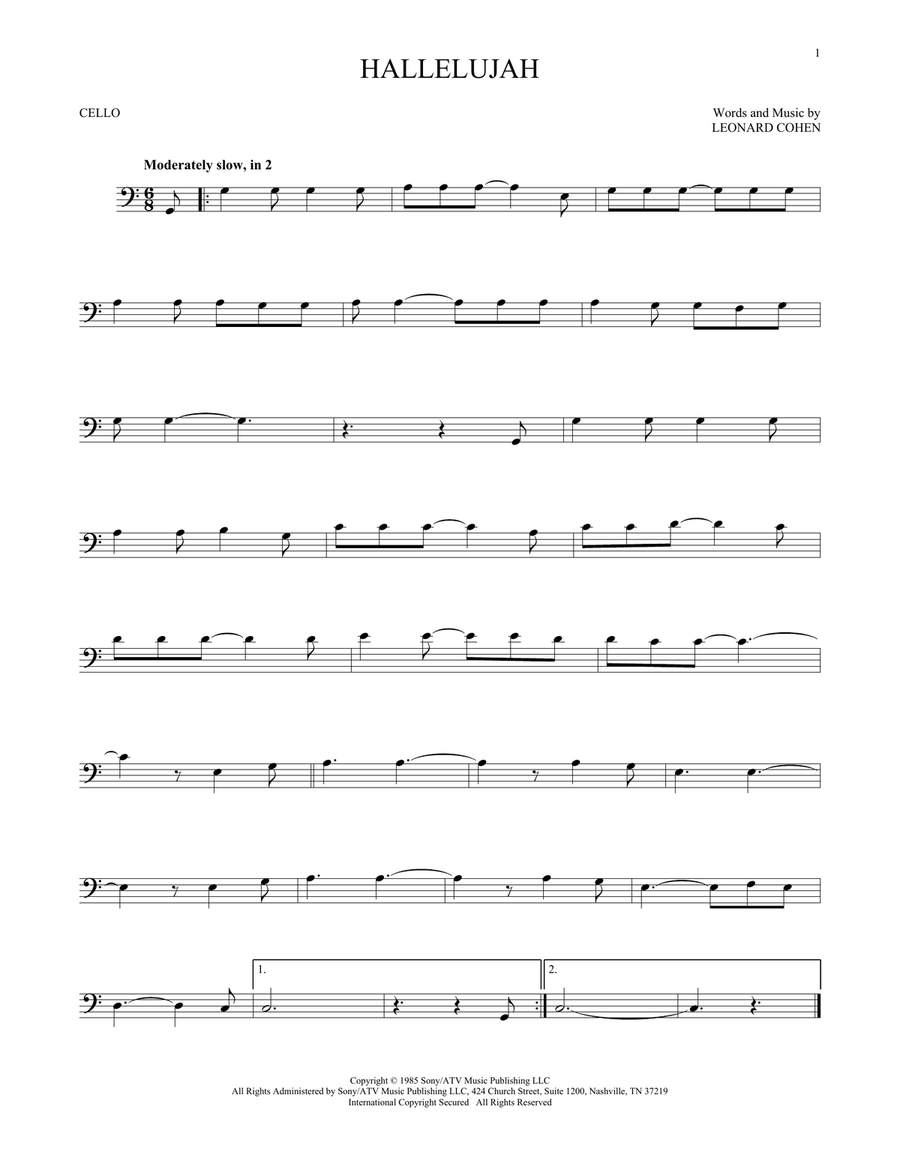 Hallelujah Cello Solo scores gallery preview page 1