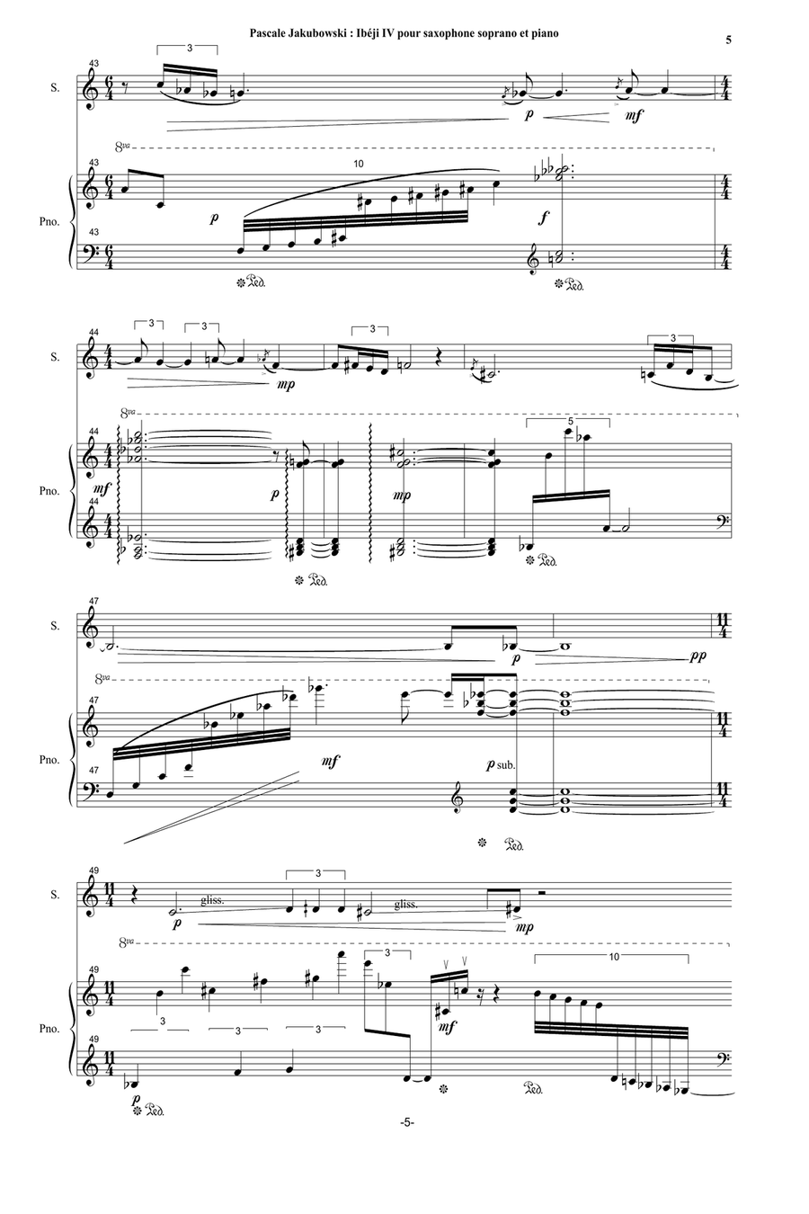 Pascale Jakubowski : Ibéji IV for soprano saxophone and piano Soprano Saxophone scores gallery preview page 5