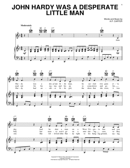John Hardy Was A Desperate Little Man by The Carter Family Piano, Vocal, Guitar - Digital Sheet Music