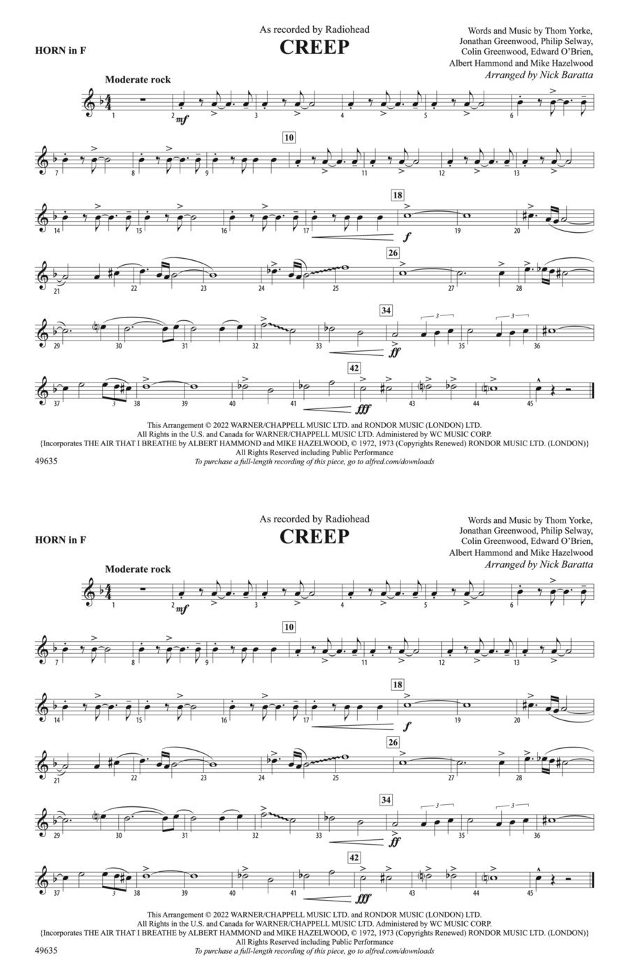 Creep: 1st F Horn Marching Band scores gallery preview page 1