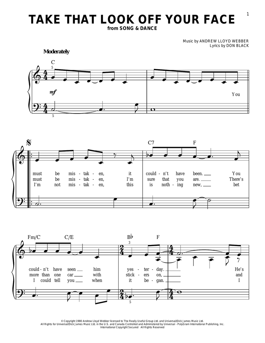 Take That Look Off Your Face Easy Piano scores gallery preview page 1