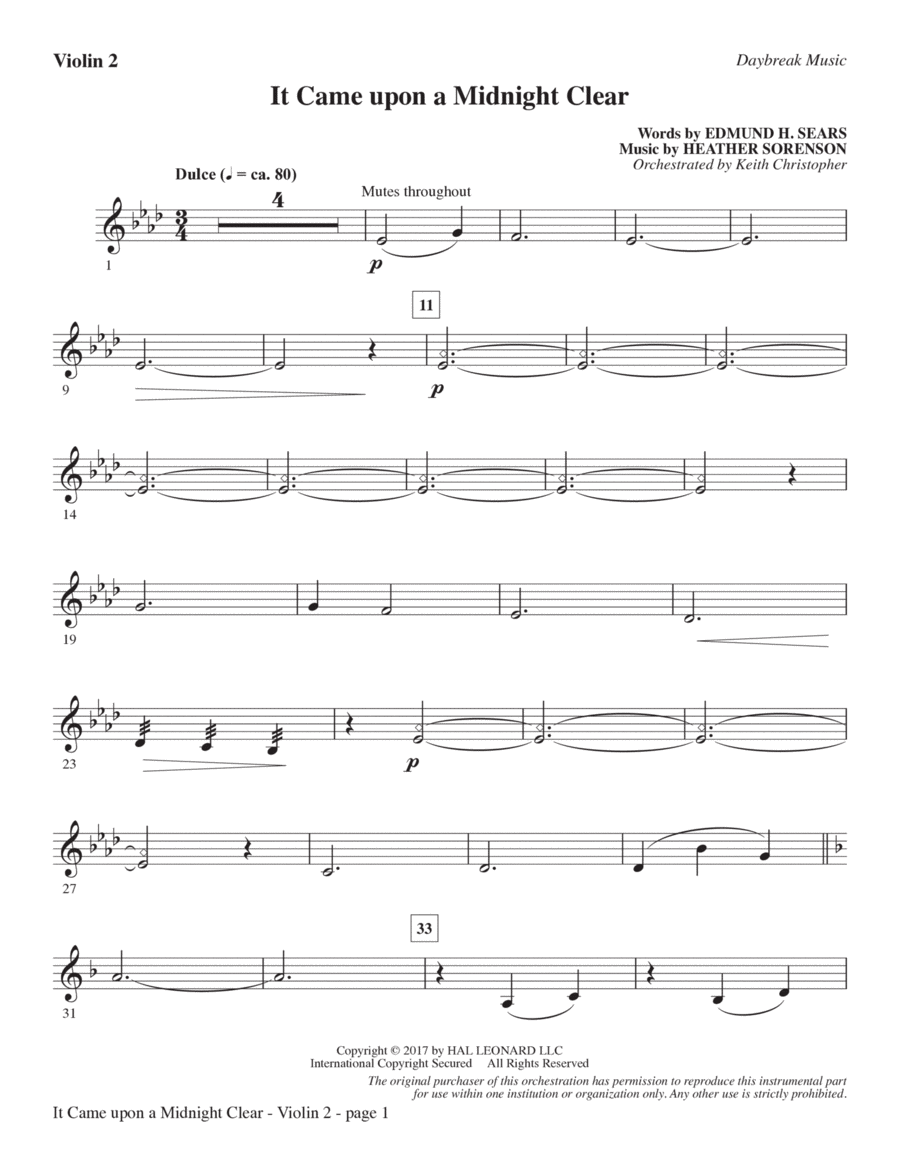 It Came Upon a Midnight Clear - Violin 2 Choir scores gallery preview page 1