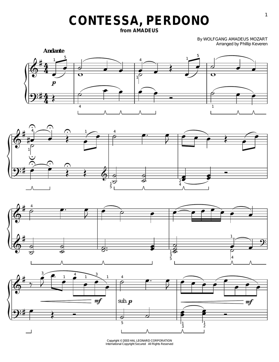 Contessa Perdono (from Amadeus) (arr. Phillip Keveren) Easy Piano scores gallery preview page 1