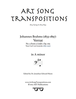 Book cover for BRAHMS: Verrat, Op. 105 no. 5 (transposed to A minor, bass clef)
