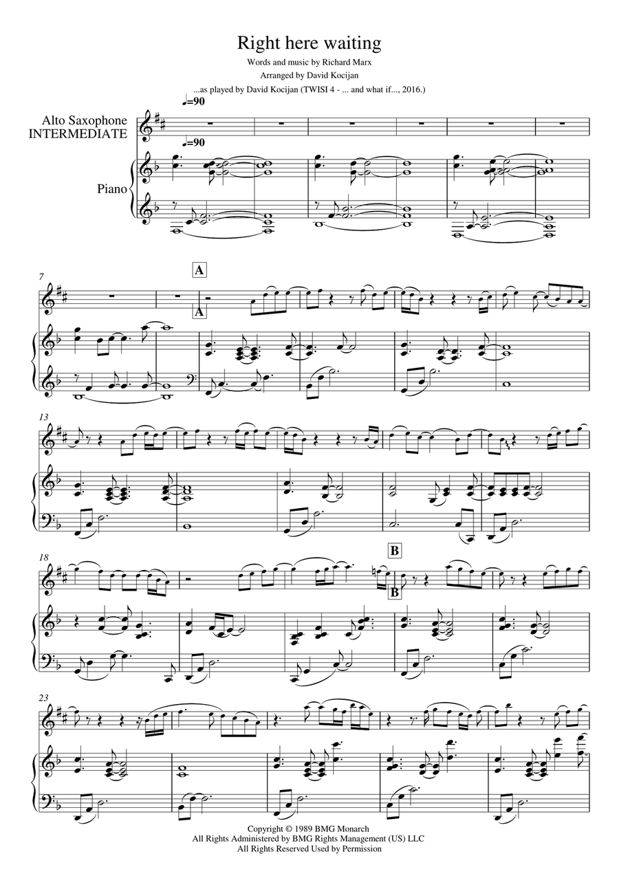 Right Here Waiting Right Here Waiting Alto Saxophone scores gallery preview page 1