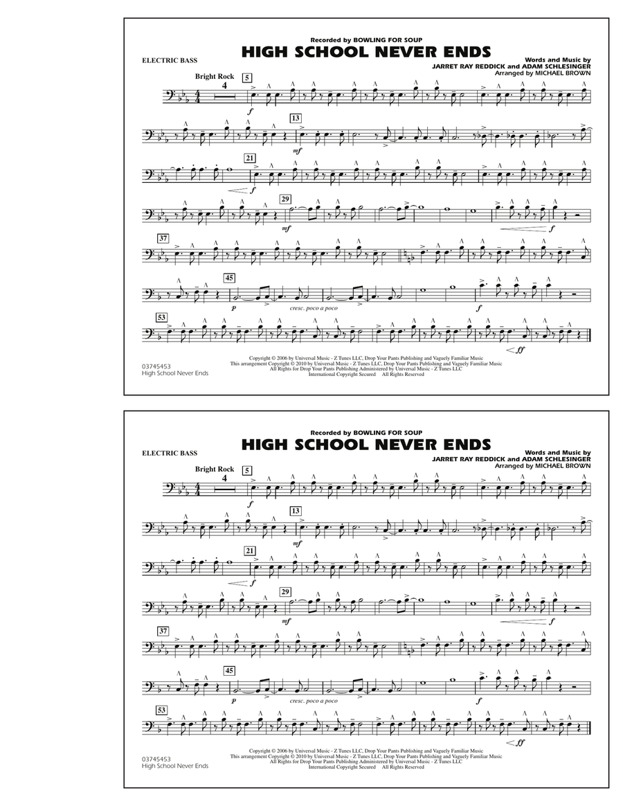 High School Never Ends - Electric Bass Marching Band scores gallery preview page 1