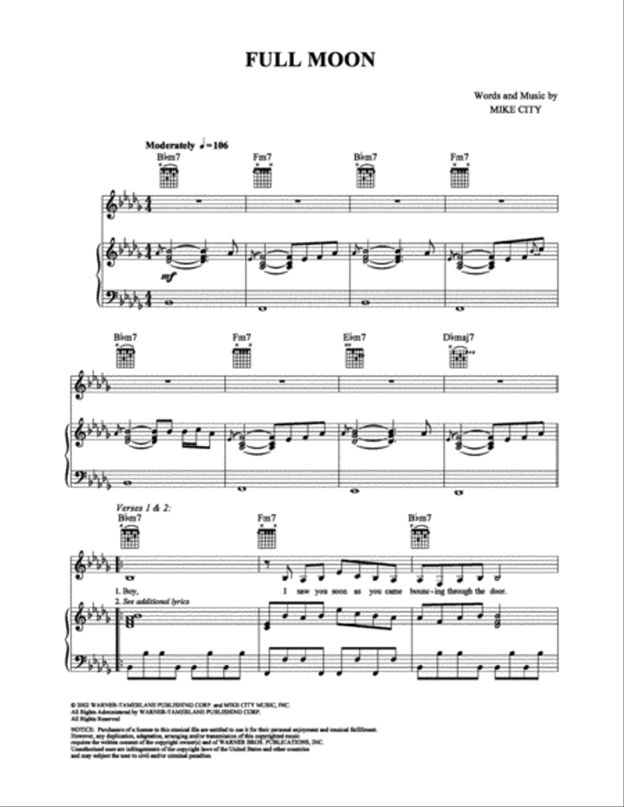 Full Moon Piano, Vocal, Guitar scores gallery preview page 1