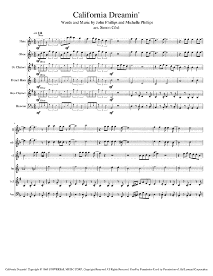 California Dreamin' California Dreamin' Woodwind Quintet scores gallery preview page 1