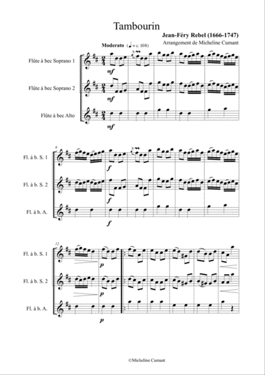 Rebel, Jean-Fery : Tambourin pour 3 flûtes à bec (2 soprano, 1 alto) Recorder scores gallery preview page 1