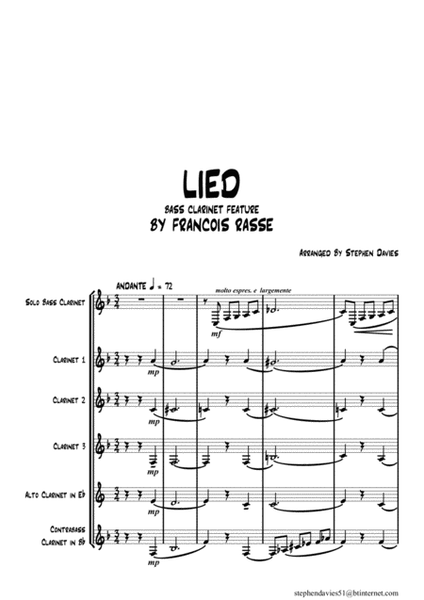 'Lied' (Song) By Francois Rasse for Solo Bass Clarinet & 3 Bb Clarinets/ Alto Clarinet/ Contra-Bass image number null