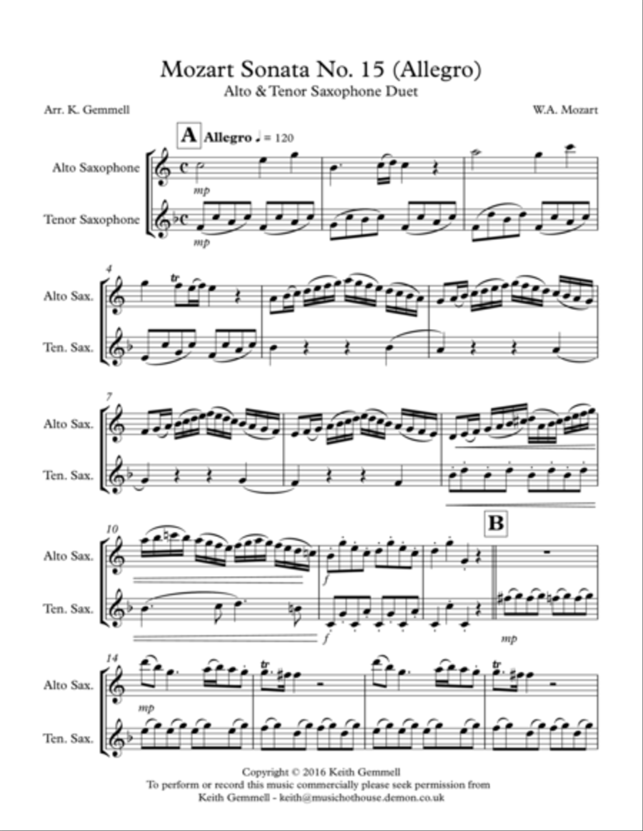Mozart Sonata No.15 (Allegro): Alto & Tenor Saxophone Duet Woodwind Duet scores gallery preview page 1