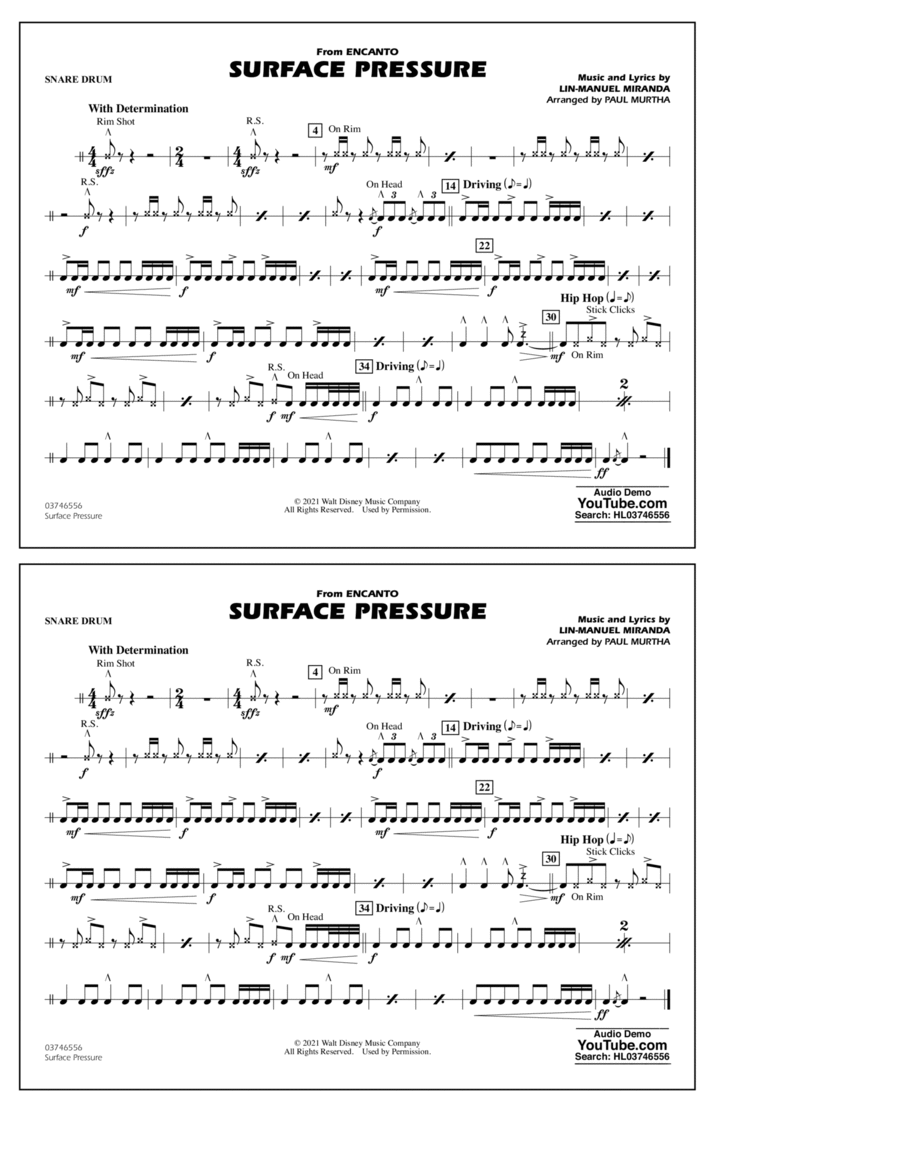 Surface Pressure (from Encanto) (arr. Paul Murtha) - Snare Drum Marching Band scores gallery preview page 1