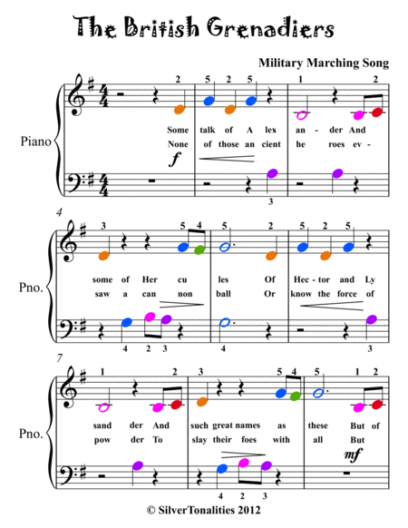 The British Grenadiers Beginner Piano Sheet Music with Colored Notation