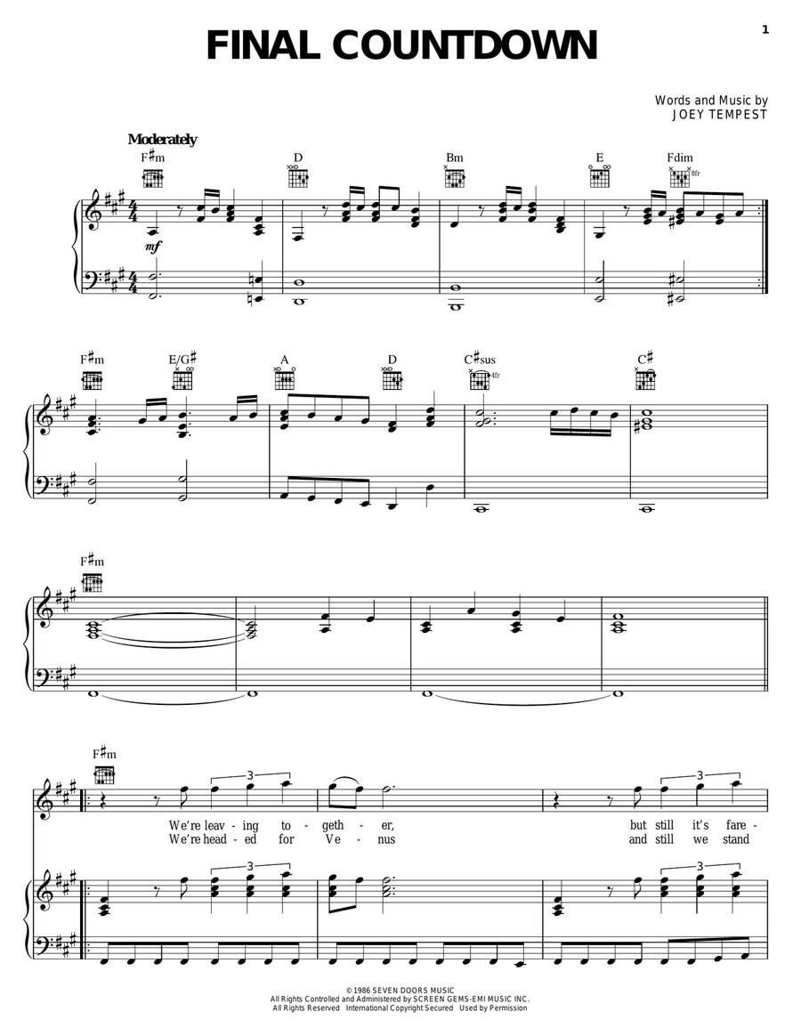 Final Countdown Piano, Vocal, Guitar scores gallery preview page 1