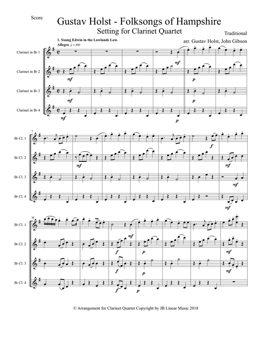 Gustav Holst - Folksongs of Hampshire set for Clarinet Quartet Clarinet Quartet scores gallery preview page 2