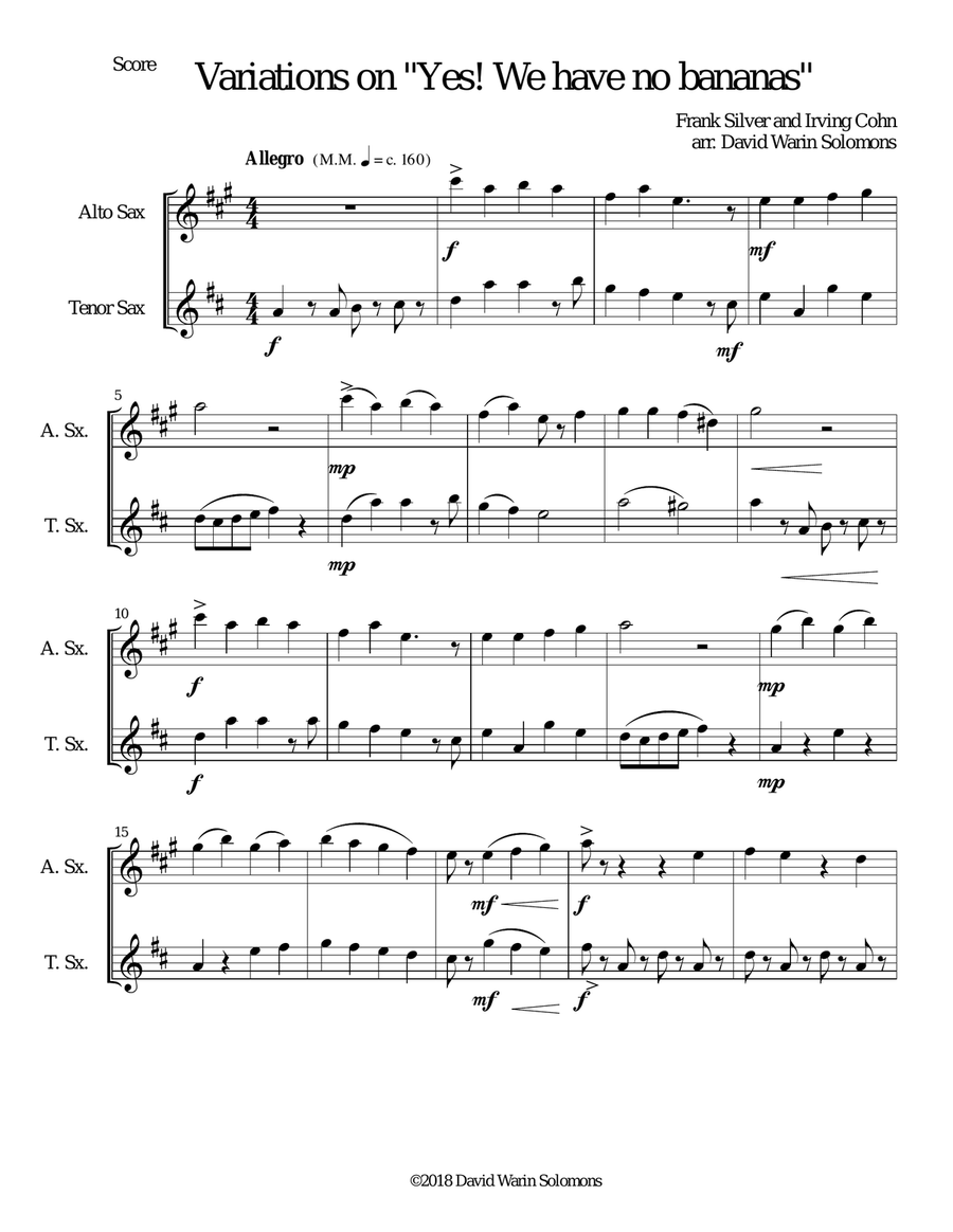 Variations on Yes We Have No Bananas for alto and tenor saxophones Woodwind Duet scores gallery preview page 1