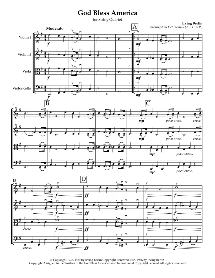 God Bless America ® String Quartet scores gallery preview page 1