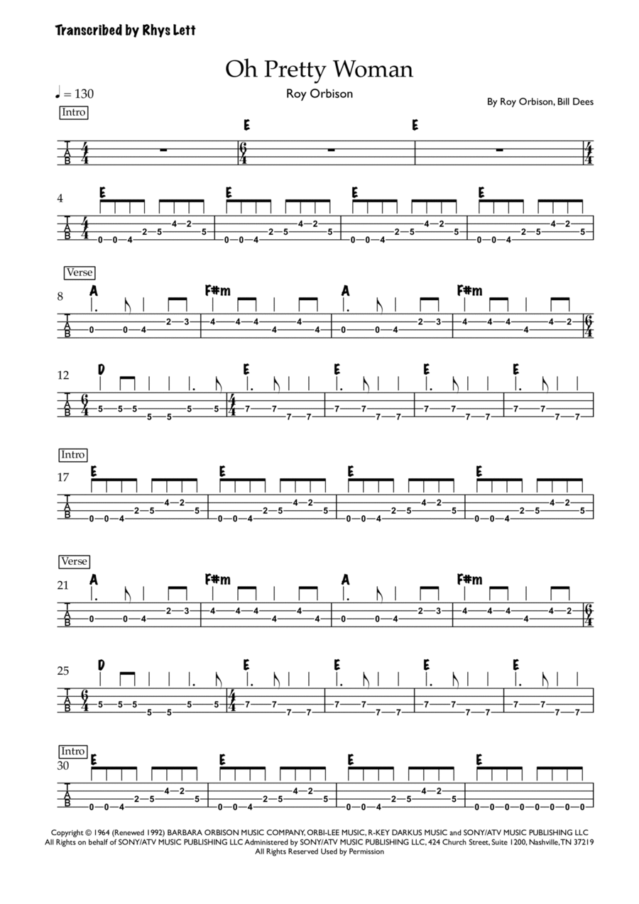 Oh, Pretty Woman Bass Guitar Tablature scores gallery preview page 1