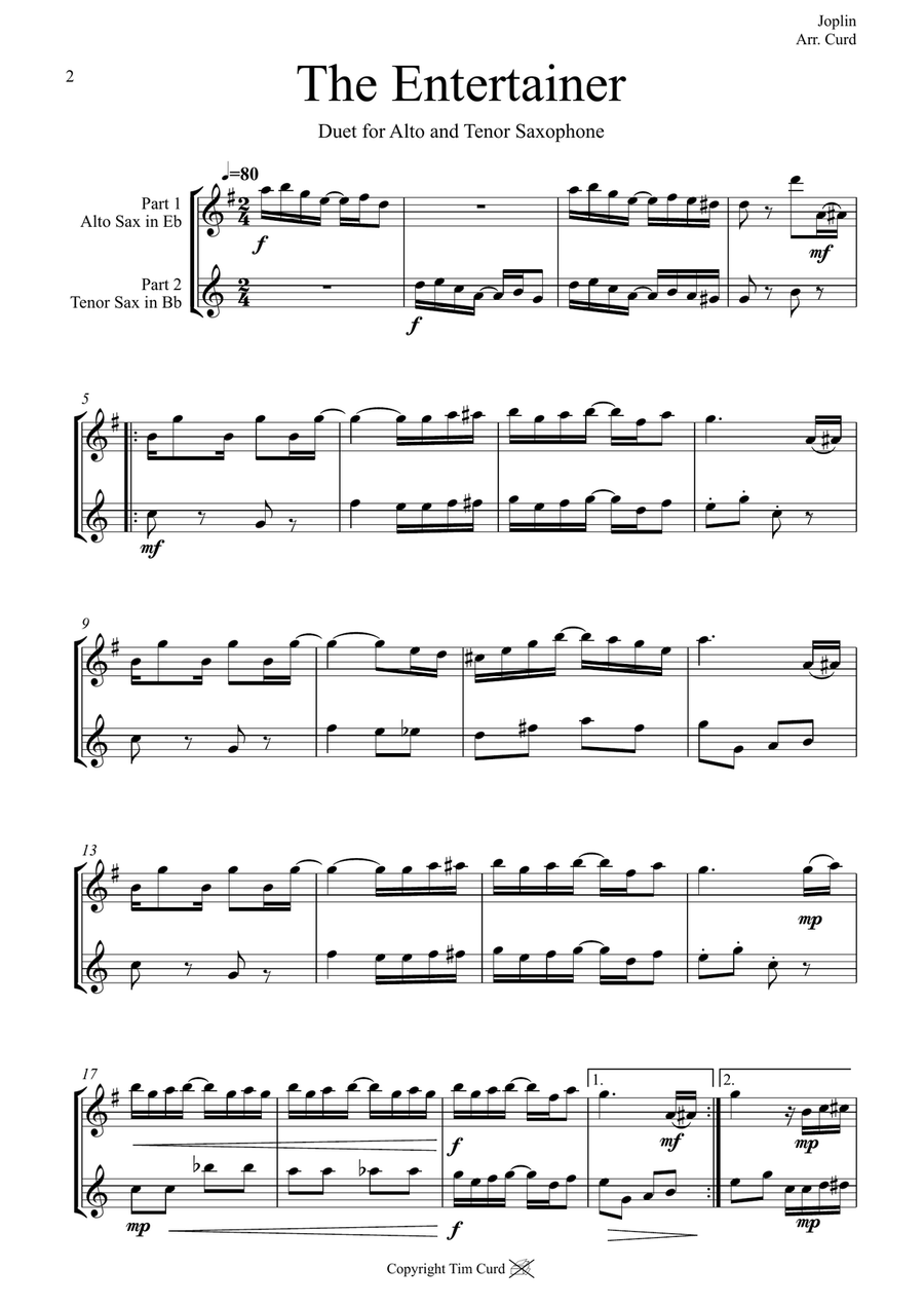 The Entertainer. Duet for Alto and Tenor Saxophone Woodwind Duet scores gallery preview page 2