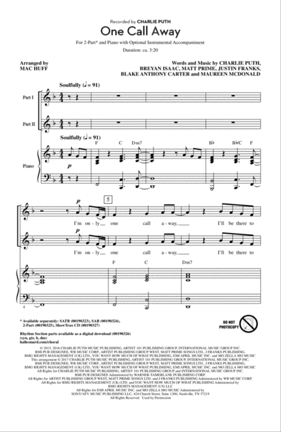 One Call Away 2-Part scores gallery preview page 1