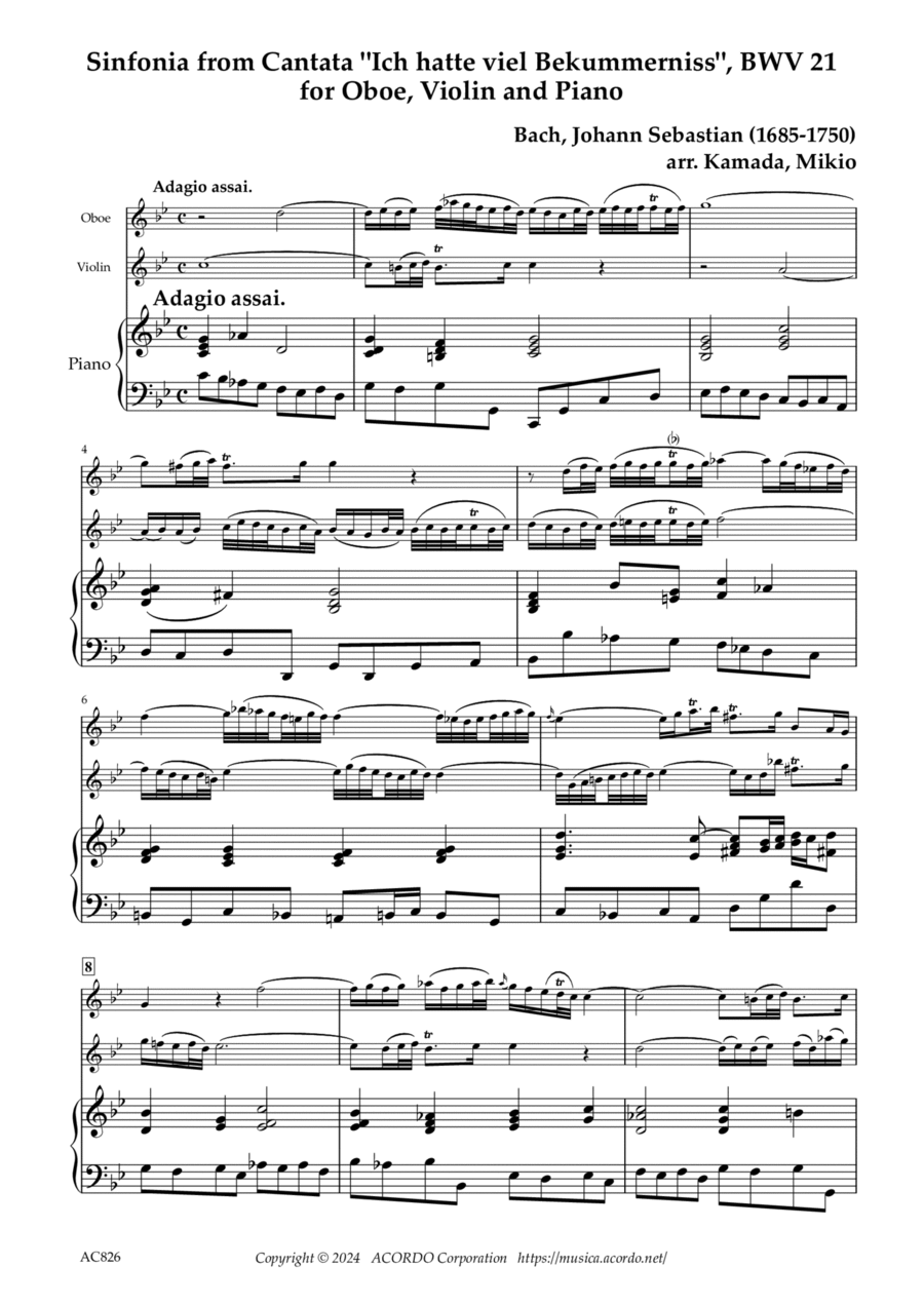 Sinfonia from Cantata "Ich hatte viel Bekummerniss", BWV 21 for Oboe, Violin and Piano image number null