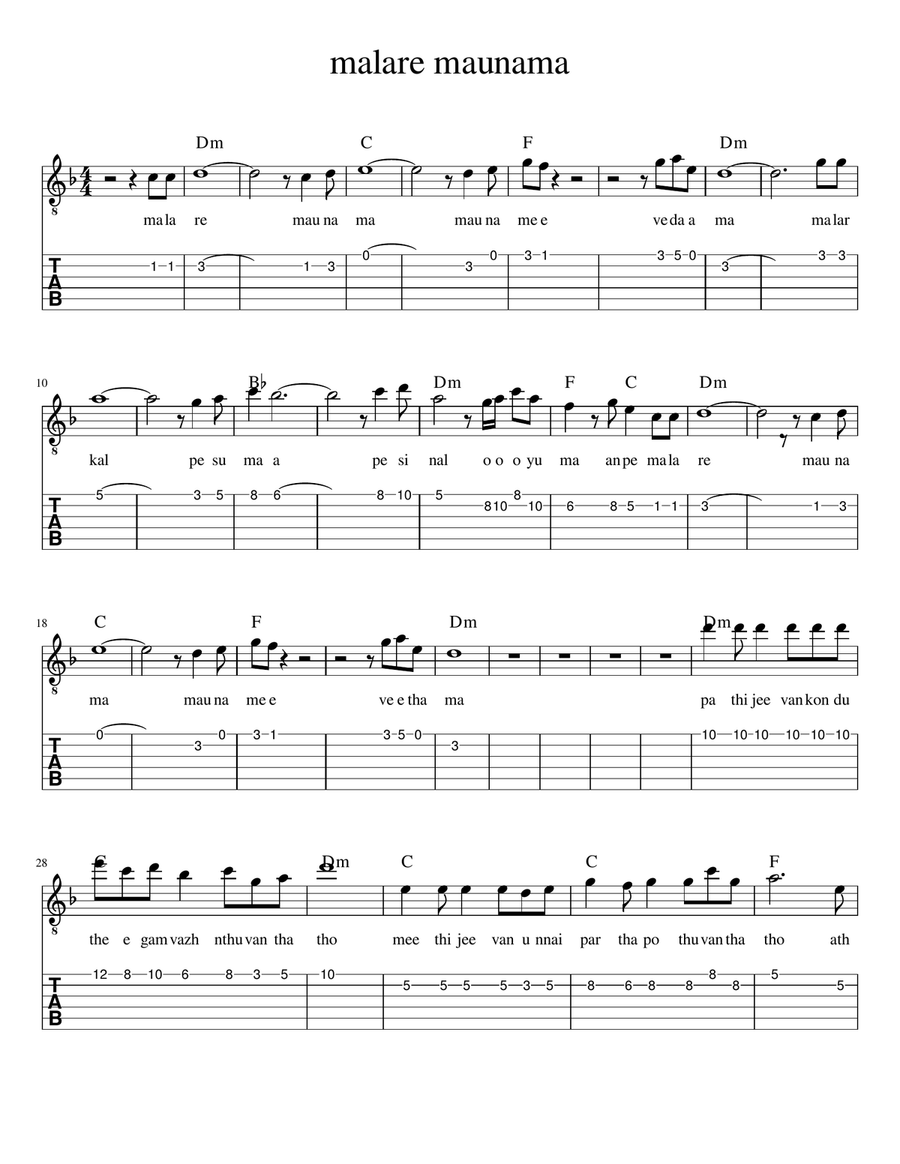 malare maunama malare maunama Guitar Tablature scores gallery preview page 1