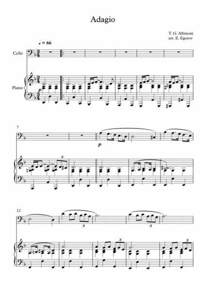 Adagio (In G Minor), Tomaso Giovanni Albinoni, For Cello & Piano image number null