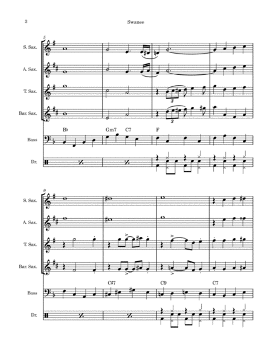 Swanee (saxophone quartet) Saxophone Quartet scores gallery preview page 3